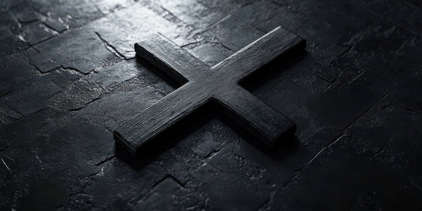 Dark wooden cross resting on a textured stone surface illuminated by soft light
